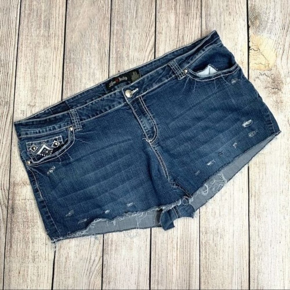 Love Indigo Distressed Embellished Cut Off Shorts